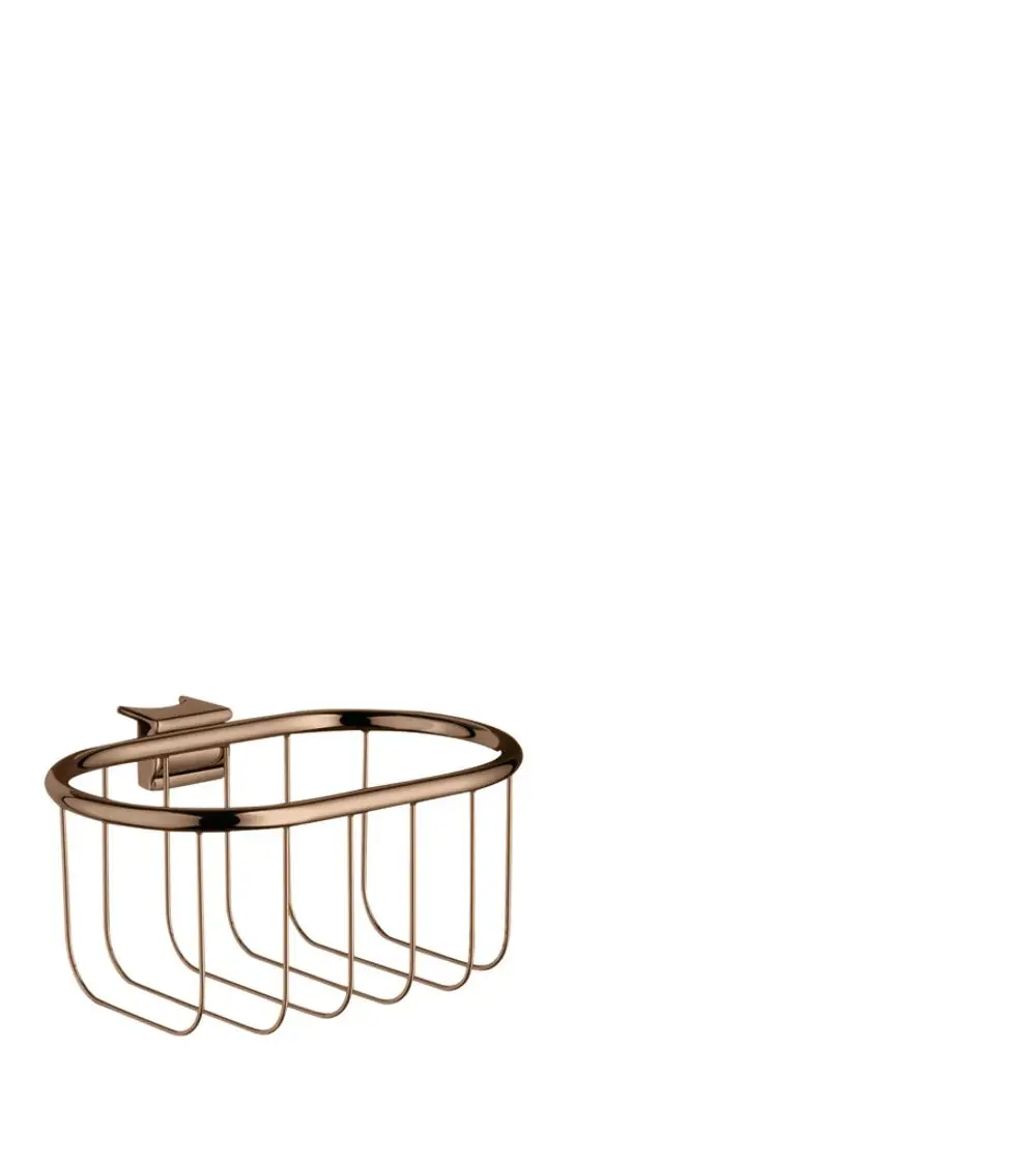 Seifenkorb mit ovaler Form und offener Gitterstruktur in glänzendem Rotgoldfinish, montiert an einer Wand. Produkt von AXOR.